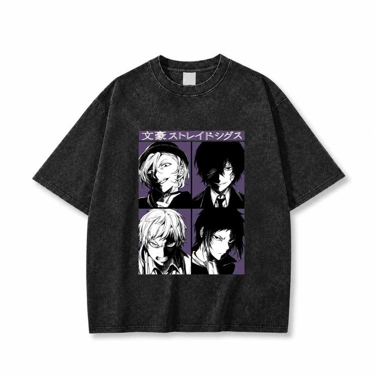 Koszulka Bungou Stray Dogs – czarna sprana, nadruk z przodu