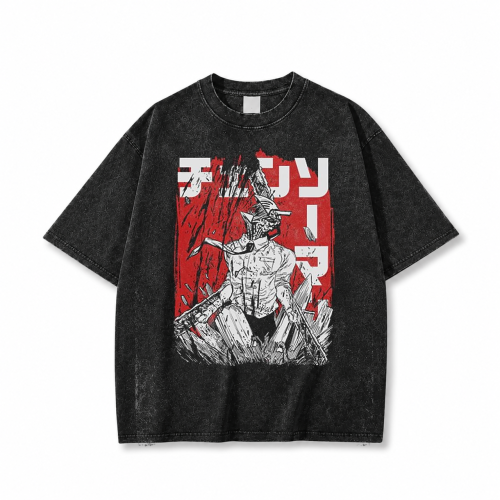 Koszulka Chainsaw Man – czarna sprana, nadruk z przodu