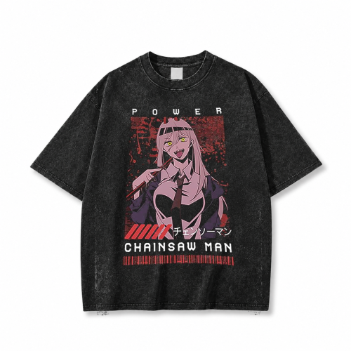 Koszulka Chainsaw Man – czarna sprana, nadruk z przodu