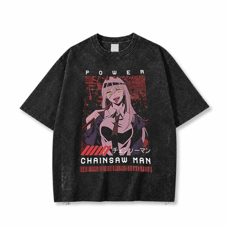 Koszulka Chainsaw Man – czarna sprana, nadruk z przodu