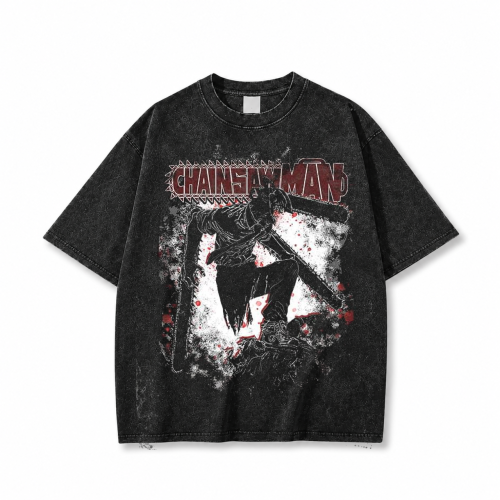 Koszulka Chainsaw Man – czarna sprana, nadruk z przodu