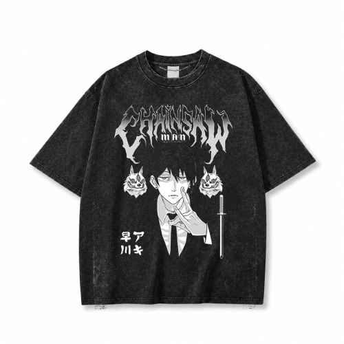 Koszulka Chainsaw Man – czarna sprana, nadruk z przodu