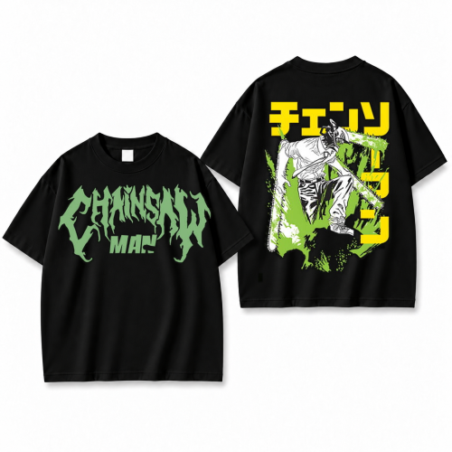 Koszulka Chainsaw Man – czarna, nadruk z przodu i z tyłu