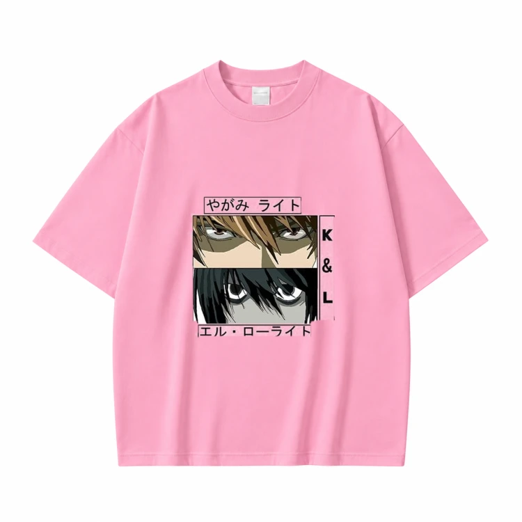 Koszulka Death Note Kira i L – różowa, nadruk z przodu
